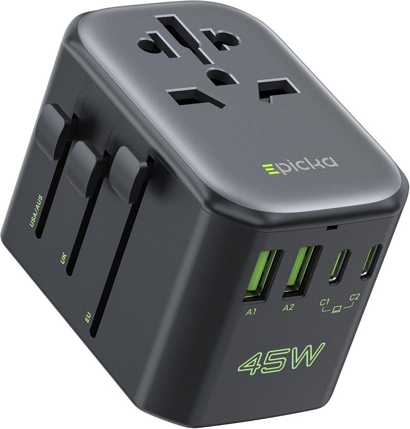 EPICKA Pulse 45W European Travel Plug Adapter, Universal Power Adapter with PD Fast Charging, 5-Port (1 AC/2 USB-A/2 USB-C) International Charger Adapter for Europe, Japan - Travel Essentials (Black) - Image 1
